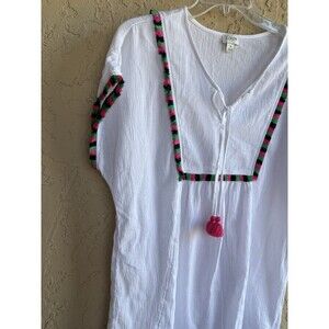 J Crew Factory Woman’s White Textured Cover Up, String Pink Pompom With Fringe